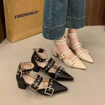 Женские туфли-лодочки Новые остроносые туфли Мэри Джейн для женщин Летняя модная обувь класса люкс на открытом воздухе Туфли в стиле ретро на толстом каблуке Zapatos De Mujer 35