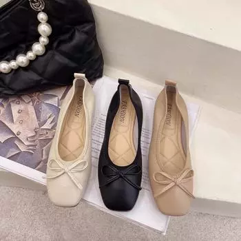 Женские туфли-лодочки Осенние балетки Женские туфли-лодочки с завязками на щиколотке Мокасины с круглым носком и бантом Мягкие удобные неглубокие 35