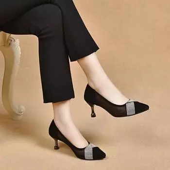 Женские туфли-лодочки осенние черные туфли женские модные кристальные туфли на высоком каблуке платье остроконечные изящные удобные туфли на низком каблуке сексуальные женские туфли на высоком каблуке 35