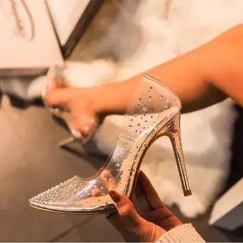 Женские туфли-лодочки, осенние пикантные вечерние свадебные туфли на высоком каблуке, размер 41-42, прозрачные ПВХ со стразами и золотыми стразами 35 серебряный