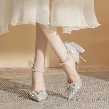 Женские туфли-лодочки с бантом, туфли на высоком каблуке с острым носком, на шпильке, с жемчужным ремешком на щиколотке, с закрытым носком, для свадебной вечеринки, модельные сандалии для женщин, туфли-лодочки на каблуке с ремешками 35