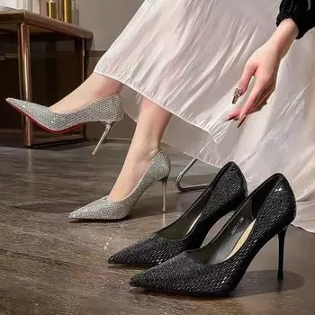 Женские туфли-лодочки с красной подошвой 2024 года, новые туфли на тонком каблуке без застежек, блестящие вечерние туфли на высоком каблуке, женские сексуальные туфли с острым носком на высоком каблуке для женщин 35 чёрный