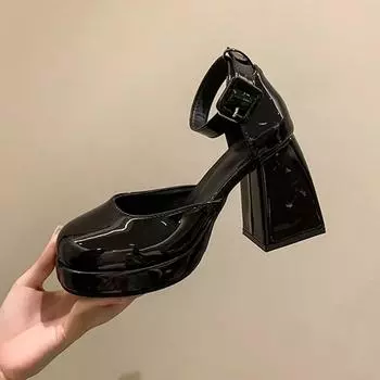 Женские туфли-лодочки с круглым носком, каблук 9 см, удобные туфли на толстом каблуке, женские туфли на платформе, пряжка на щиколотке, черные туфли Zapatillas De Mujer Tacon 35 бежевый