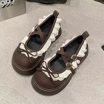 Женские туфли-лодочки с круглым носком, мелким кружевом, перекрестными ремешками, пряжкой, бантом, на среднем каблуке, модные туфли для отдыха на открытом воздухе в стиле Лолита, женские туфли Мэри Джейн 35