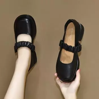 Женские туфли-лодочки с круглым носком, осенние туфли Мэри Джейн, удобные туфли на плоской подошве с неглубоким вырезом, в студенческом стиле, маленькие кожаные туфли, туфли-куклы 35