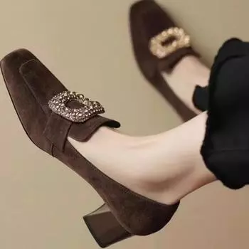 Женские туфли-лодочки с квадратным носком из замши на каблуке-оксфорде с пряжкой и кристаллами на весну и осень 34 чёрный