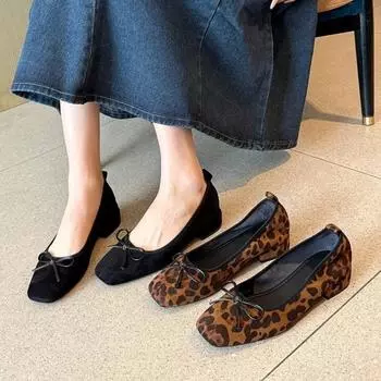 Женские туфли-лодочки с леопардовым принтом и квадратным носком, весенние туфли, модная повседневная обувь, женская трендовая нескользящая обувь для отдыха на открытом воздухе, одиночные туфли Zapatos De Mujer 35 чёрный