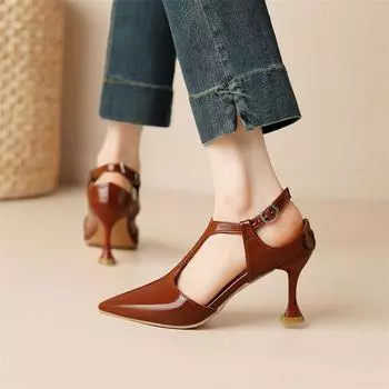 Женские туфли-лодочки с острым носком, на тонком высоком каблуке с пряжкой и Т-образной завязкой, лаконичная женская модная карьерная обувь, летние черные, зеленые абрикосовые 45 33 чёрный