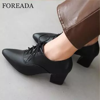 Женские туфли-лодочки с острым носком, на толстом высоком каблуке, на шнуровке, в сдержанном стиле, женская модная повседневная обувь, весна-осень, черный, коричневый, хаки, 43 33 чёрный
