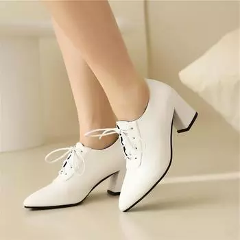 Женские туфли-лодочки с острым носком на массивном высоком каблуке, лаконичные женские модные туфли на шнуровке для карьеры, весенне-осенние красные, черные, коричневые 43 33 чёрный