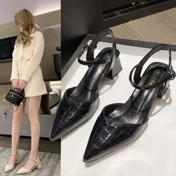 Женские туфли-лодочки с острым носком на среднем толстом каблуке, босоножки с открытой пяткой, летние новые винтажные женские босоножки 35 бежевый