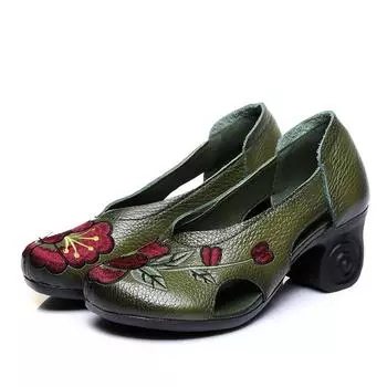 Женские туфли-лодочки с вышивкой, женские туфли на высоком каблуке 6 см, туфли-лодочки ручной работы из натуральной кожи, винтажная обувь, 2024 35 красный