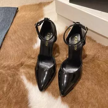 Женские туфли-лодочки, сексуальные черные туфли на высоком каблуке, элегантные туфли на каблуке для вечеринки из натуральной кожи с острым носком, роскошные туфли с ремешком на щиколотке и пряжкой 35