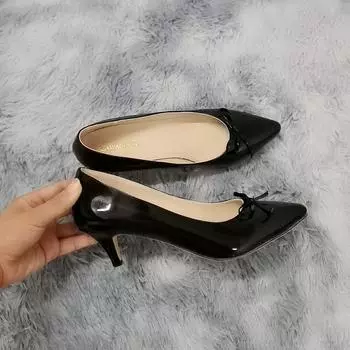 Женские туфли-лодочки, сексуальные туфли на низком каблуке 5 см, лакированная кожа, острый нос, черные рабочие туфли-лодочки с бантом, красные свадебные туфли 35 белый