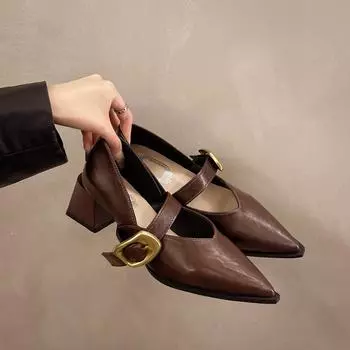 Женские туфли-лодочки Spring с острым носком Mary Jane Shoes для женщин Casual Belt Buckle Shallow Slip on Party Heels Women Zapatos De Mujer 35