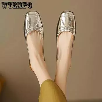 Женские туфли-лодочки Square Bow Single Shoe на плоской подошве, весенние винтажные туфли для поездок на работу на низком каблуке из кожи 35 серебряный