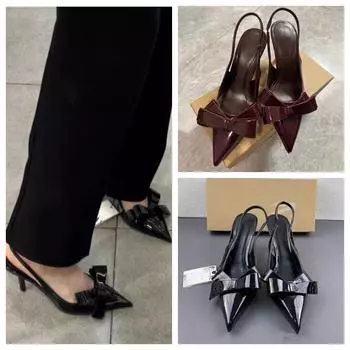 Женские туфли-лодочки TRAF из красной кожи на высоком каблуке с бантом и острым носком 2024 года, элегантные офисные босоножки на высоком каблуке с открытой пяткой 36