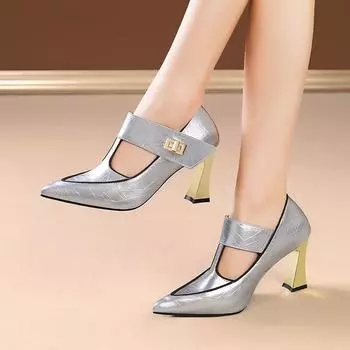 Женские туфли-лодочки, трендовые сексуальные туфли с острым носком на высоком каблуке, женские элегантные осенние новые туфли-лоферы на толстом каблуке, кожаные туфли для вечеринок 35
