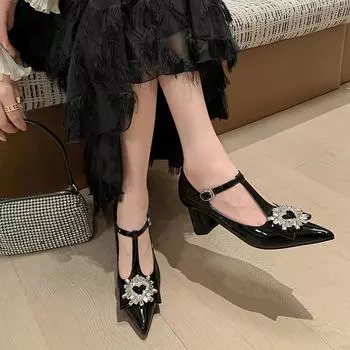 Женские туфли-лодочки Туфли Мэри Джейн Туфли на низком толстом блочном каблуке Туфли-лодочки с закрытым острым носком и Т-образным ремешком Свадебные туфли для женщин Удобные туфли-лодочки Мэри Джейн в стиле ретро