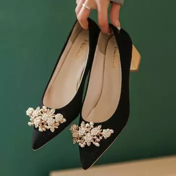 Женские туфли-лодочки Весна Сексуальные Туфли на толстом каблуке с острым носком Женские модные роскошные свадебные туфли Невеста Элегантные Туфли Мэри Джейн 35