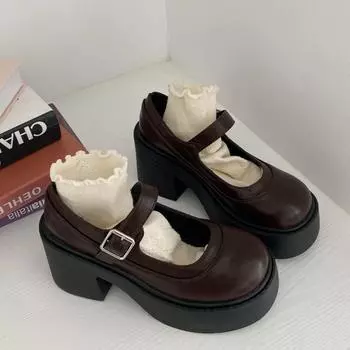 Женские туфли-лодочки в британском стиле с коротким носком в стиле ретро с толстой подошвой в стиле Мэри Джейн на высоком толстом каблуке 7 см, повседневные туфли-лодочки с круглым носком Tacones 35 коричневый