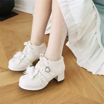 Женские туфли-лодочки в стиле Лолиты с круглым носком на платформе, каваи, на толстом среднем каблуке, со шнуровкой и пряжкой с бантом, женская обувь для косплея, осень-зима, розовые 46 33 чёрный