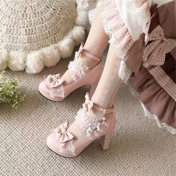 Женские туфли-лодочки в стиле Лолиты с ремешком на щиколотке, круглый носок на платформе и высоком каблуке с пряжкой и бантом, кавайная женская обувь для косплея, весна-осень 33 бежевый