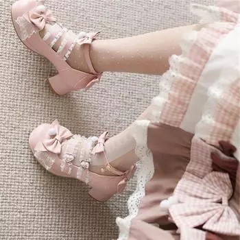 Женские туфли-лодочки в стиле Лолиты, с круглым носком на платформе, кавайные туфли на толстом среднем каблуке с бантом и пряжкой и оборками, женская обувь для косплея, весна-осень 46 33 бежевый