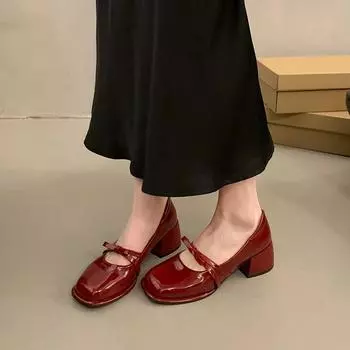 Женские туфли-лодочки в стиле ретро из искусственной кожи Mary Jane, черные, красные, на толстом каблуке, женские туфли-лодочки 2024 года, весна-осень, на каблуке 35 чёрный