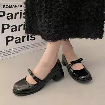 Женские туфли-лодочки в стиле ретро из искусственной кожи Mary Jane, черные, красные, на толстом каблуке, женские туфли-лодочки 2024 года, весна-осень, на каблуке 34 чёрный