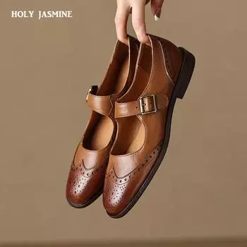 Женские туфли-лодочки весна 2024 года из натуральной кожи для женщин Туфли на толстом каблуке с круглым носком Туфли Мэри Джейн на низком каблуке ручной работы 34 чёрный