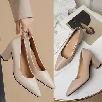 Женские туфли-лодочки, женские лаконичные туфли с острым носком и высоким каблуком, женские офисные туфли, обувь на толстом каблуке 35 белый