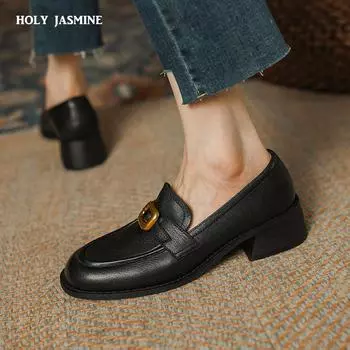 Женские туфли-лоферы из натуральной кожи на толстом каблуке, черные, новинка весны 2024 года, модная женская обувь на платформе с круглым носком и пряжкой 34 чёрный