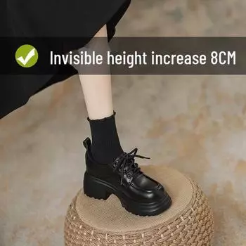 Женские туфли-лоферы из натуральной кожи на толстой подошве со шнуровкой, на высоком каблуке, в британском стиле, осень/зима 2024 г. glossy velvet, size 32 чёрный