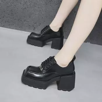 Женские туфли-лоферы на массивной платформе и каблуке — осень 2025 г. Британский стиль, подчеркивающий рост, универсальная кожаная обувь на высоком каблуке 37 чёрный