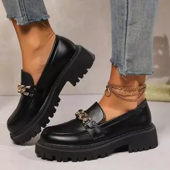 Женские туфли-лоферы на платформе с цепочным декором, однотонные, с круглым носком, повседневные туфли без застежек, женская мода, туфли в стиле преппи, большие размеры 35
