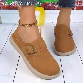 Женские туфли-лоферы на плоской подошве, замшевые дизайнерские туфли с пряжкой, повседневная обувь, зимняя новинка 2025 года, трендовая обувь для ходьбы, мягкая, удобная, женская обувь 35 абрикосовый