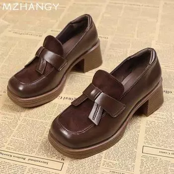 Женские туфли-лоферы на высоком каблуке с бантом, дизайнерские массивные модные кожаные туфли для женщин 2024 года, трендовые туфли-лодочки, зимнее платье Mujer Zapatillas 35 чёрный
