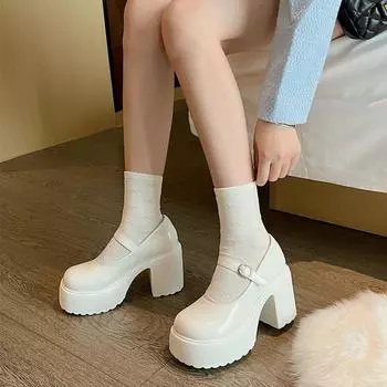 Женские туфли-лоферы на высоком каблуке толщиной 10 см, весна 2024 г., туфли-лодочки из искусственной кожи на толстой платформе, женские черные туфли Jk Uniform, туфли Mary Janes 34 бежевый