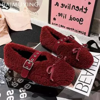 Женские туфли-лоферы с бантом из меха на плоской подошве, дизайнерская повседневная обувь из плюша, зимняя мода, новая обувь 2024 года, трендовое уютное платье с пряжкой для леди Zapatos 35