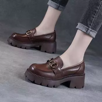 Женские туфли-лоферы с круглым носком и высоким каблуком, туфли-лодочки на платформе, модные туфли на толстой подошве, женская повседневная обувь из искусственной кожи 35 чёрный