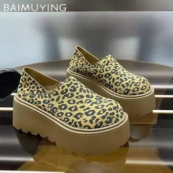 Женские туфли-лоферы с леопардовым принтом на платформе Модные замшевые туфли на среднем каблуке Дизайнерская повседневная обувь 2025 года Тренд Зима Новый Бренд Chaussures Lady 35 коричневый