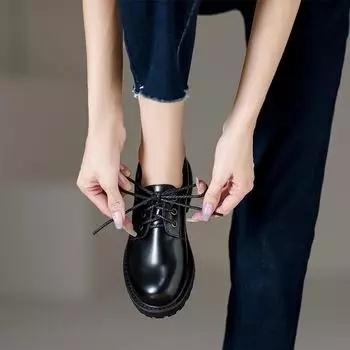 Женские туфли-лоферы в британском стиле со шнуровкой и круглым носком — толстая подошва, средний каблук, небольшие кожаные рабочие туфли 37 чёрный