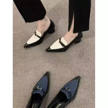 Женские туфли-лоферы в британском стиле, сочетающиеся по цвету, весна-лето 2025 г., новые туфли на высоком каблуке в стиле ретро с острым толстым каблуком 35