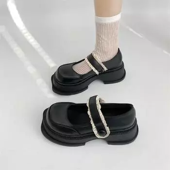 Женские туфли-лоферы в стиле ретро с толстой подошвой, увеличивающей высоту каблука, туфли Мэри Джейн с неглубоким носком, черные, бежевые, на толстом каблуке 5,5 см, женские туфли-лодочки 35 бежевый