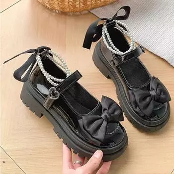 Женские туфли Лолиты на толстой платформе, вечерние туфли-лодочки, новые модельные туфли с бантом и цепочкой, модная кожаная обувь 35 чёрный
