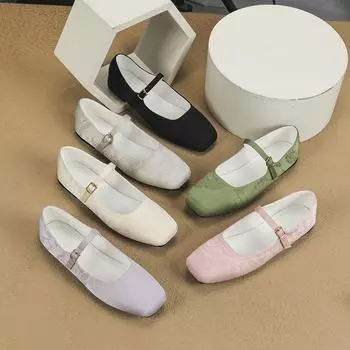 Женские туфли Мэри Джейн Балетные туфли на плоской подошве с цветочной пряжкой на плоской подошве с квадратным носком Прогулочная обувь Туфли с ремешком на щиколотке Удобные женские модельные туфли без шнуровки 35 чёрный