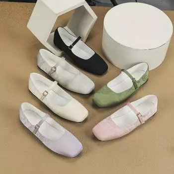 Женские туфли Мэри Джейн Балетные туфли на плоской подошве с цветочной пряжкой на плоской подошве с квадратным носком Прогулочная обувь Туфли с ремешком на щиколотке Удобные женские модельные туфли без шнуровки 35 чёрный