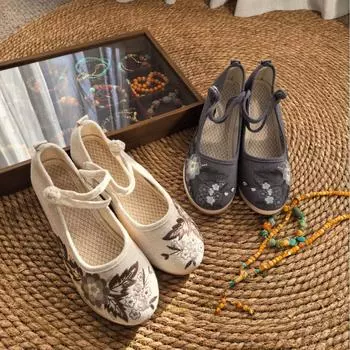 Женские туфли Мэри Джейн без застежек, удобные балетки на плоской подошве, повседневные туфли для ходьбы с ремешком на щиколотке, вышитые рабочие туфли на плоской подошве для женщин, модельная обувь 35 бежевый