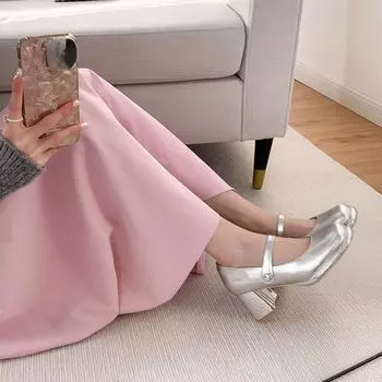 Женские туфли Мэри Джейн, французские серебристые туфли на высоком квадратном каблуке, 7 см, на блочном каблуке 34 серебряный